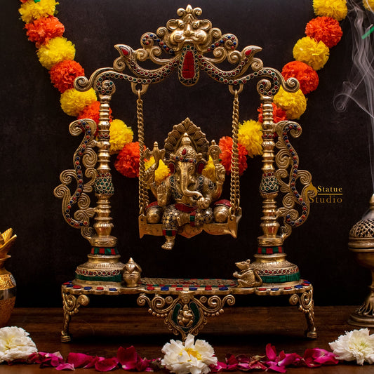 Brass Ganesha On Swing Idol Stone Work For Home Decor 1.5 Feet