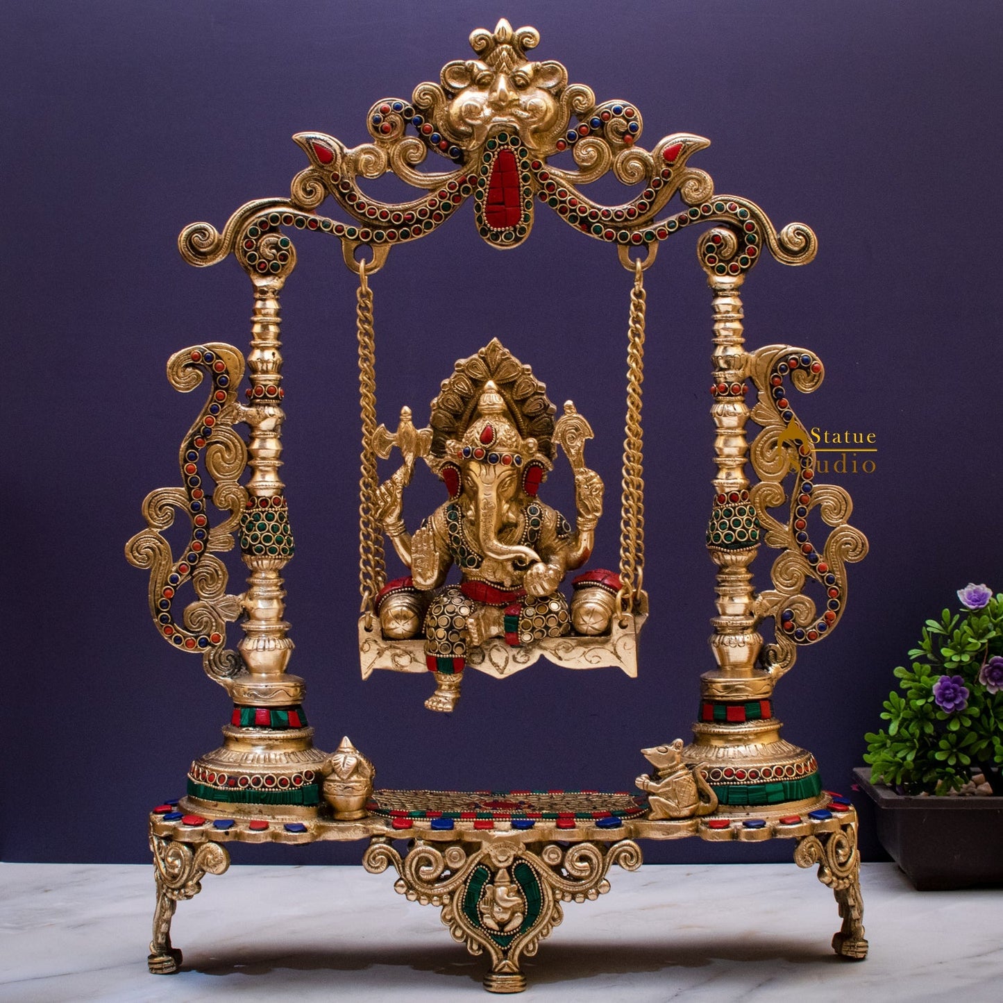 Brass Ganesha On Swing Idol Stone Work For Home Decor 1.5 Feet