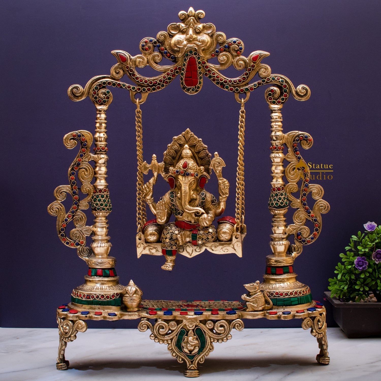 Brass Ganesha On Swing Idol Stone Work For Home Decor 1.5 Feet - Image 2
