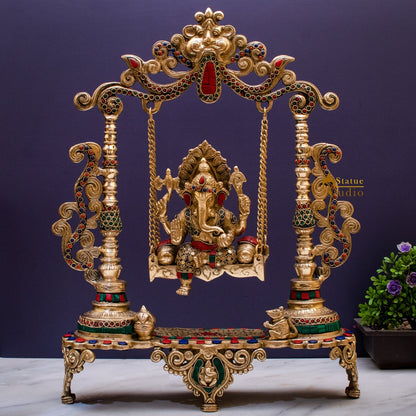 Brass Ganesha On Swing Idol Stone Work For Home Decor 1.5 Feet by vendor-unknown - Hindu Gods (View 2)