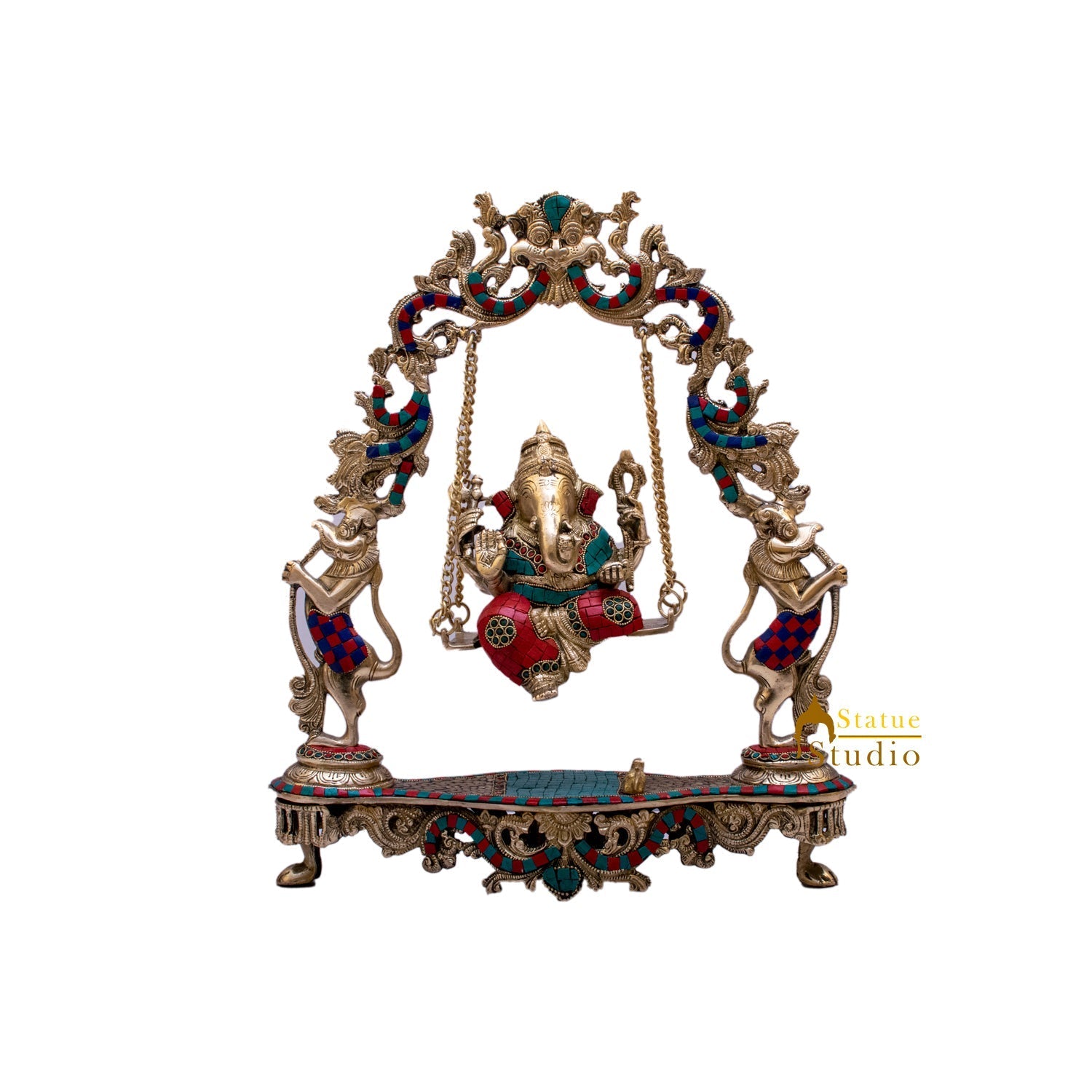 Brass Lord Ganesha Swing With Multicolor Stone Work For Home Mandir Decor 1.5 Feet - Image 6