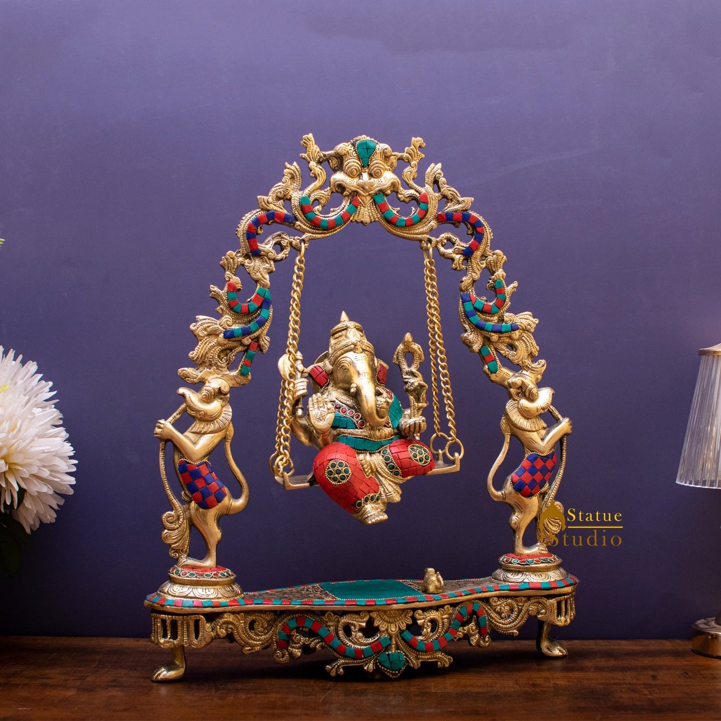 Brass Lord Ganesha Swing With Multicolor Stone Work For Home Mandir Decor 1.5 Feet