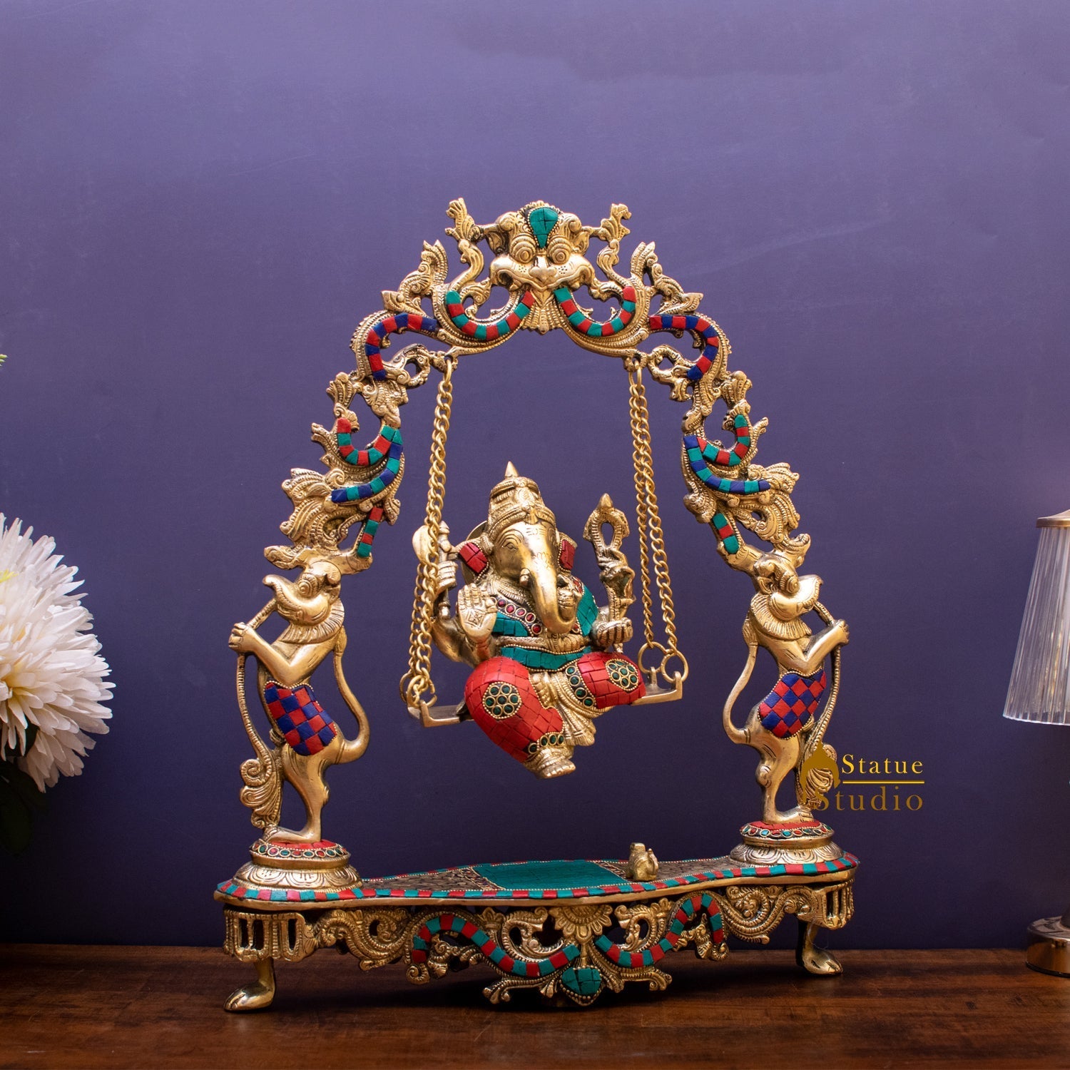 Brass Lord Ganesha Swing With Multicolor Stone Work For Home Mandir Decor 1.5 Feet - Image 3