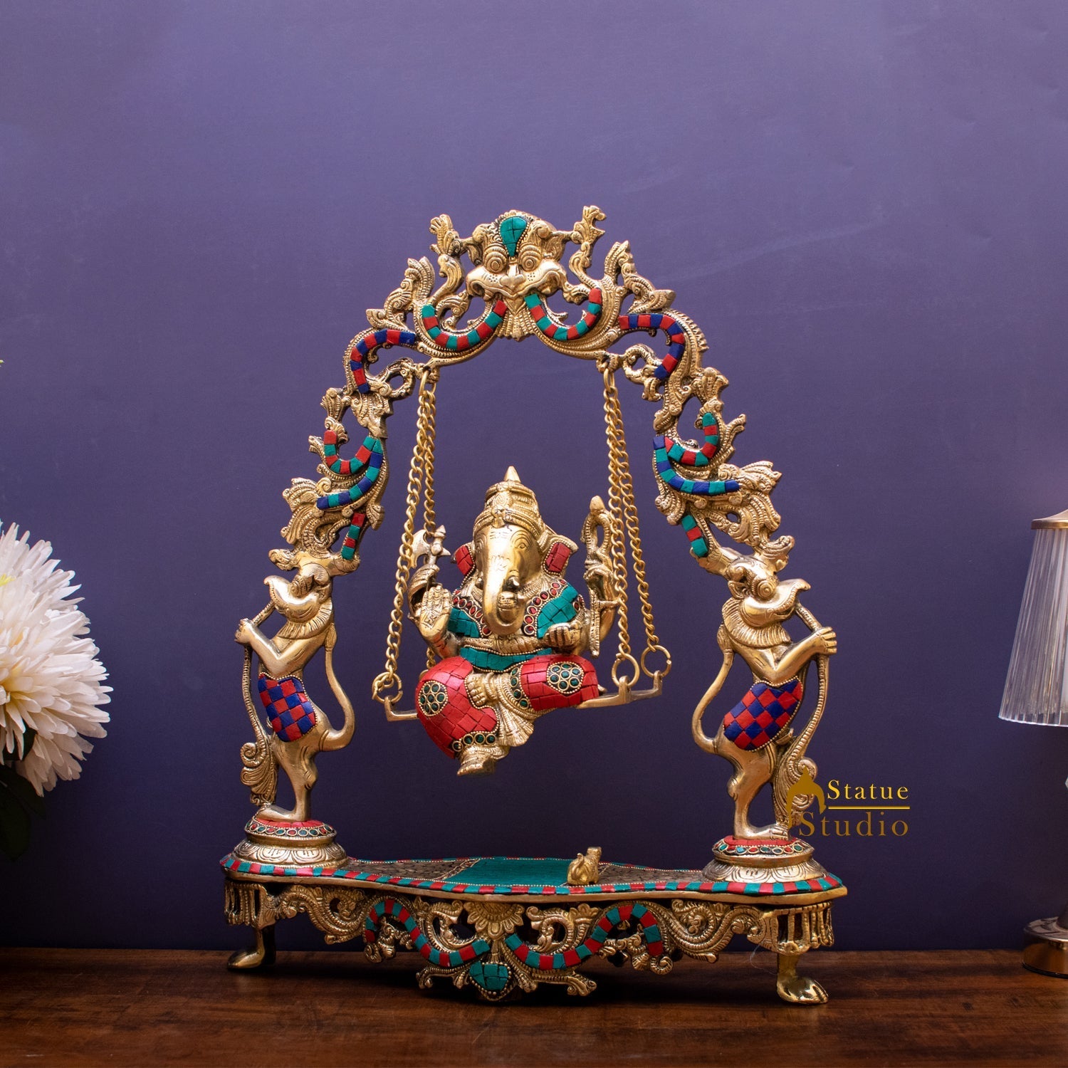 Brass Lord Ganesha Swing With Multicolor Stone Work For Home Mandir Decor 1.5 Feet - Image 4