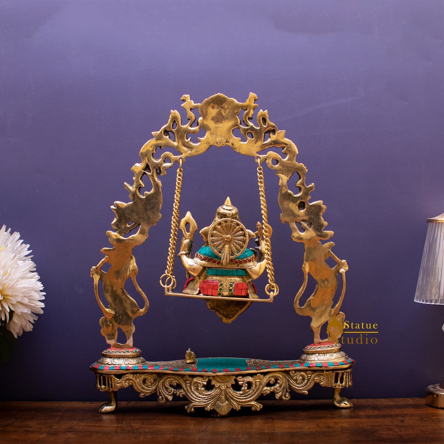 Brass Lord Ganesha Swing With Multicolor Stone Work For Home Mandir Decor 1.5 Feet - Image 5