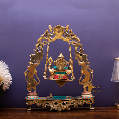 Brass Lord Ganesha Swing With Multicolor Stone Work For Home Mandir Decor 1.5 Feet by vendor-unknown - Hindu Gods (View 5)