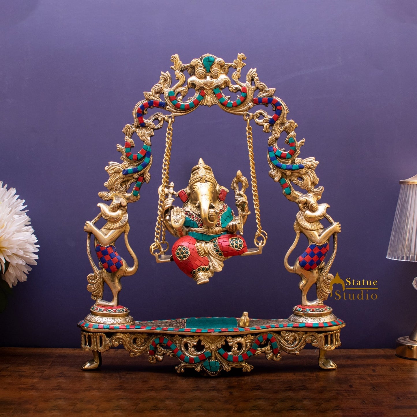 Brass Lord Ganesha Swing With Multicolor Stone Work For Home Mandir Decor 1.5 Feet
