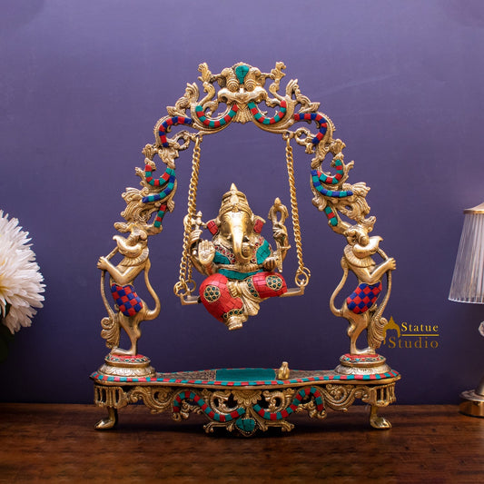 Brass Lord Ganesha Swing With Multicolor Stone Work For Home Mandir Decor 1.5 Feet