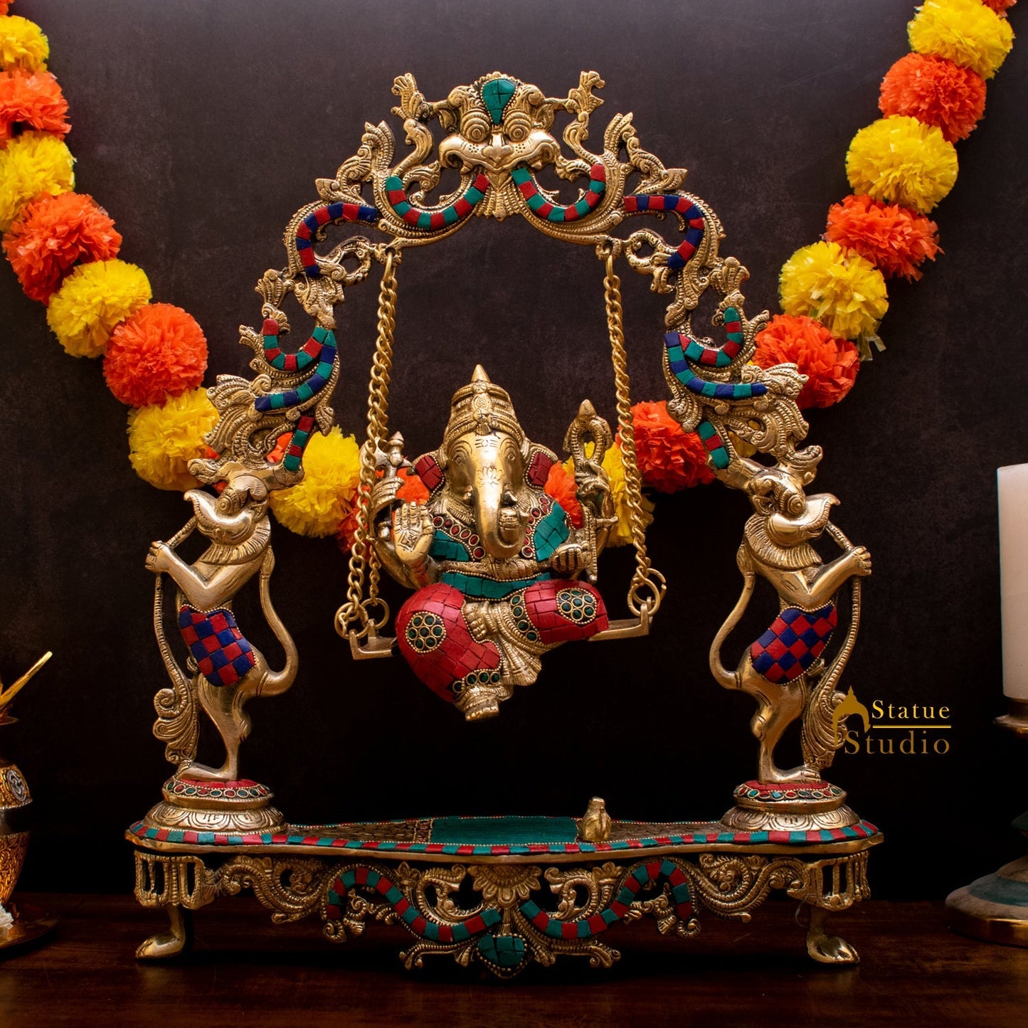 Brass Lord Ganesha Swing With Multicolor Stone Work For Home Mandir Decor 1.5 Feet
