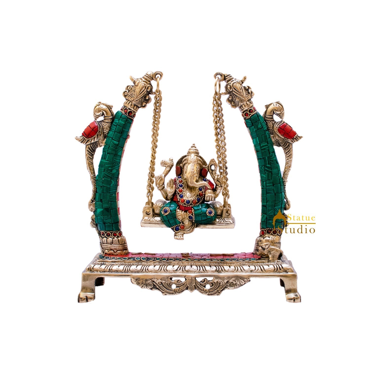 Brass Ganesha Jhula Idol Stone Work For Home Temple Decor 9" - Image 6