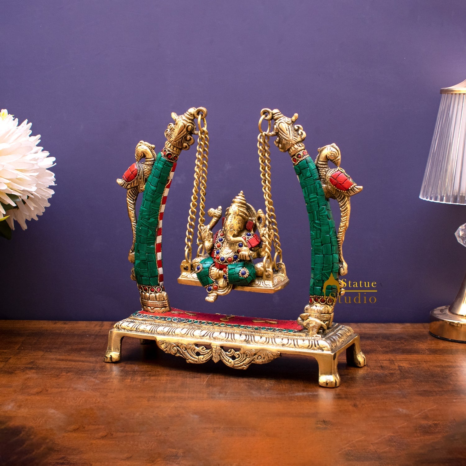 Brass Ganesha Jhula Idol Stone Work For Home Temple Decor 9" - Image 2