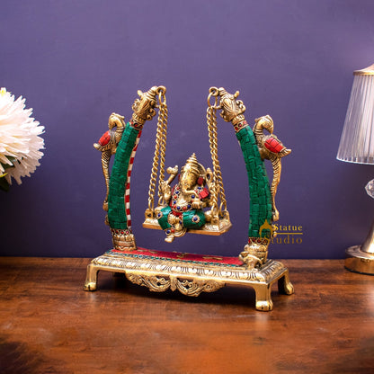 Brass Ganesha Jhula Idol Stone Work For Home Temple Decor 9" by vendor-unknown - Hindu Gods (View 2)