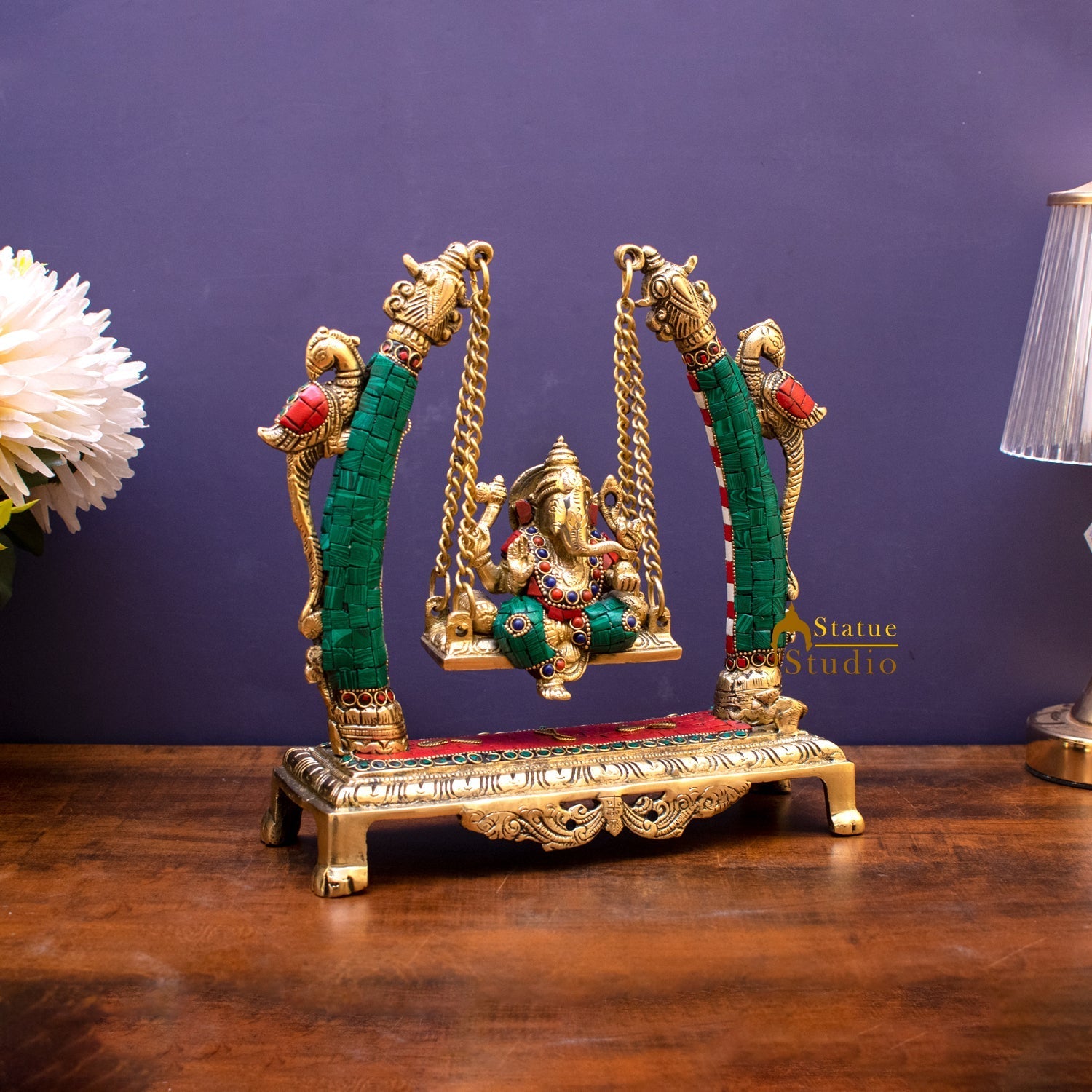 Brass Ganesha Jhula Idol Stone Work For Home Temple Decor 9" - Image 3