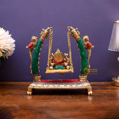 Brass Ganesha Jhula Idol Stone Work For Home Temple Decor 9" by vendor-unknown - Hindu Gods (View 4)