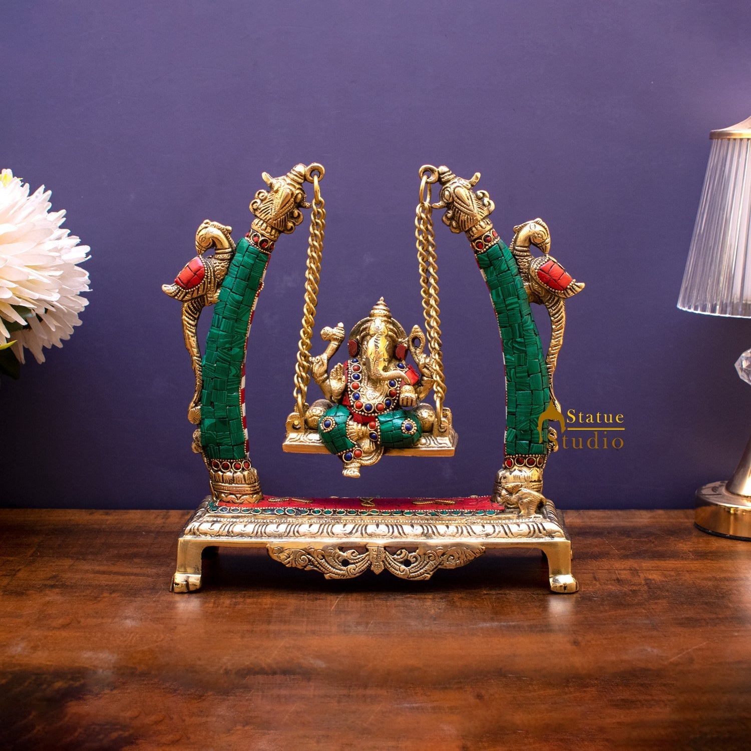 Brass Ganesha Jhula Idol Stone Work For Home Temple Decor 9" - Image 5