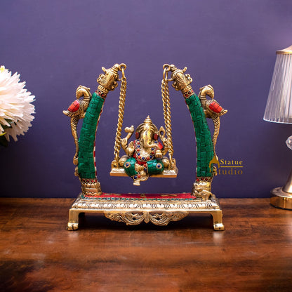 Brass Ganesha Jhula Idol Stone Work For Home Temple Decor 9" by vendor-unknown - Hindu Gods (View 5)