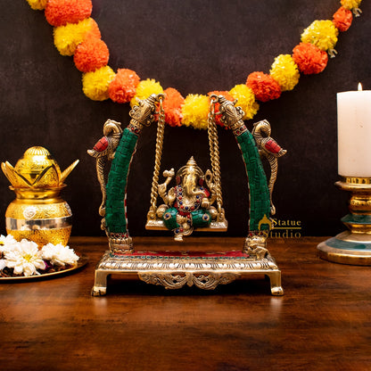 Brass Ganesha Jhula Idol Stone Work For Home Temple Decor 9" by vendor-unknown - Hindu Gods