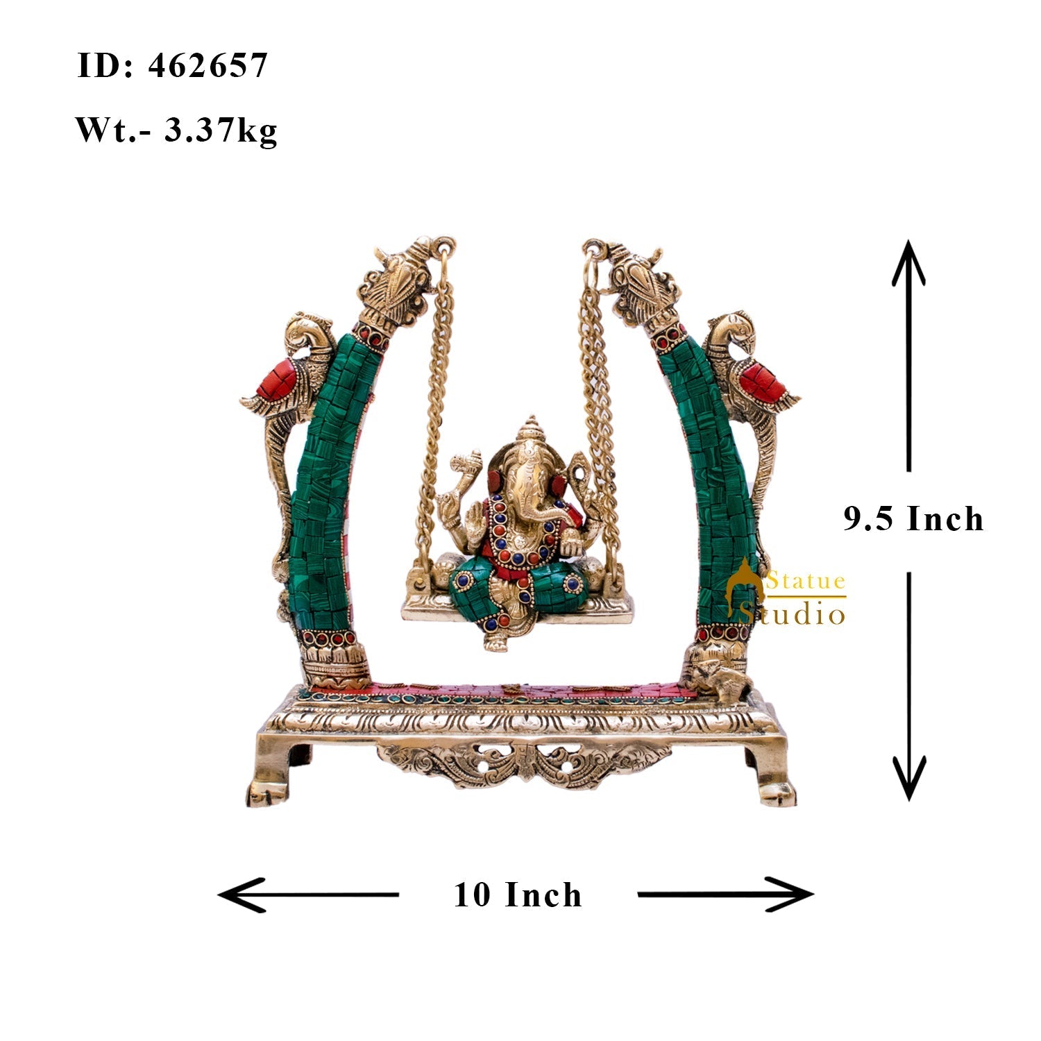 Brass Ganesha Jhula Idol Stone Work For Home Temple Decor 9" - Image 7