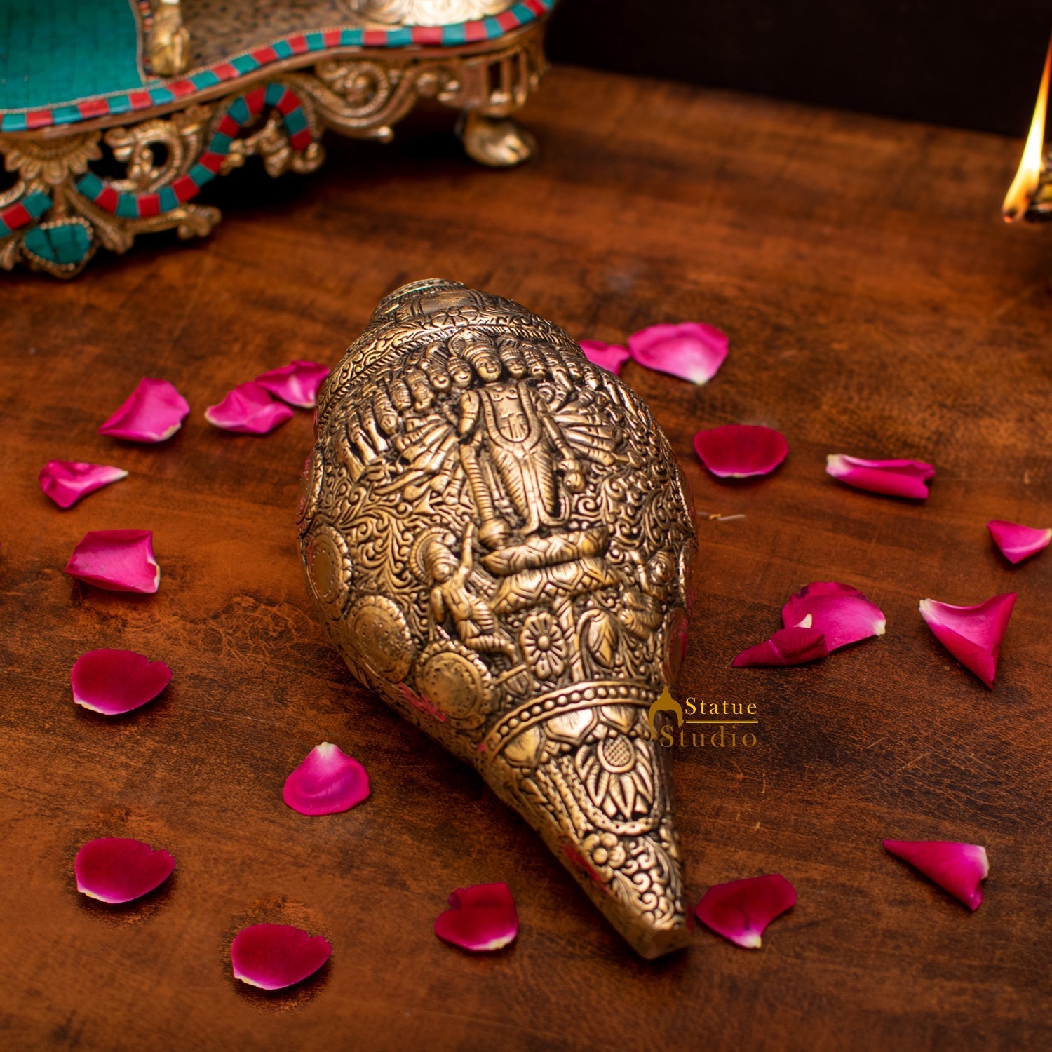 Brass Handcrafted Sculpture Fine Shankh Cooch Vishnu Engraved Showpiece 4" - Image 4