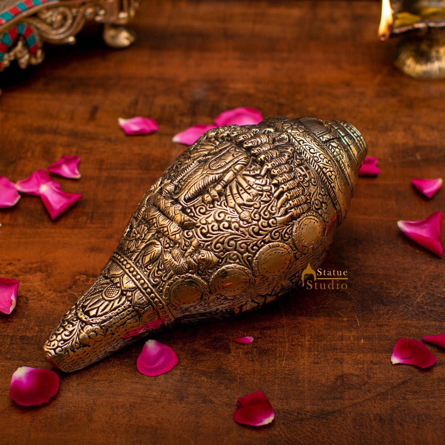 Brass Handcrafted Sculpture Fine Shankh Cooch Vishnu Engraved Showpiece 4" - Image 5