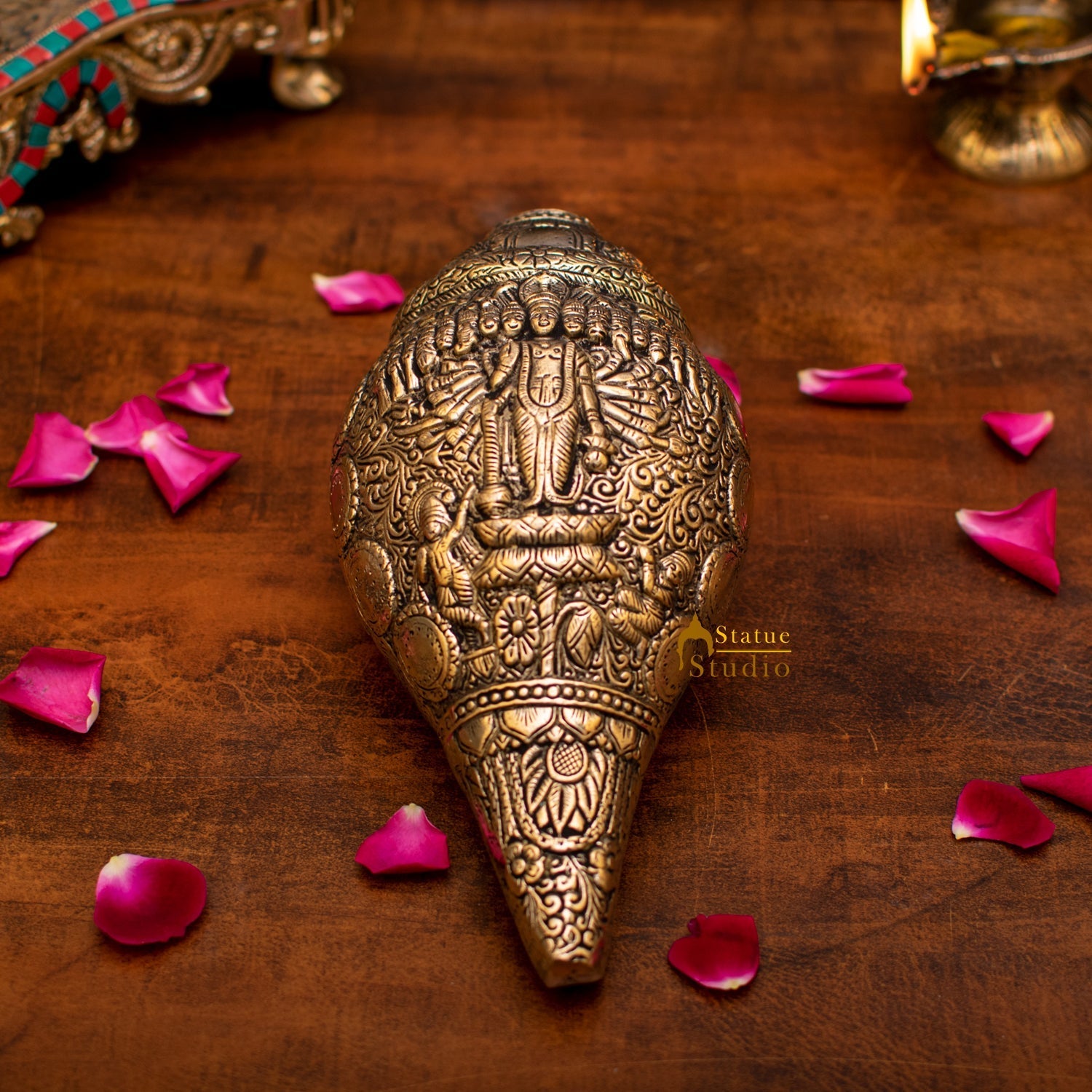 Brass Handcrafted Sculpture Fine Shankh Cooch Vishnu Engraved Showpiece 4" - Image 6