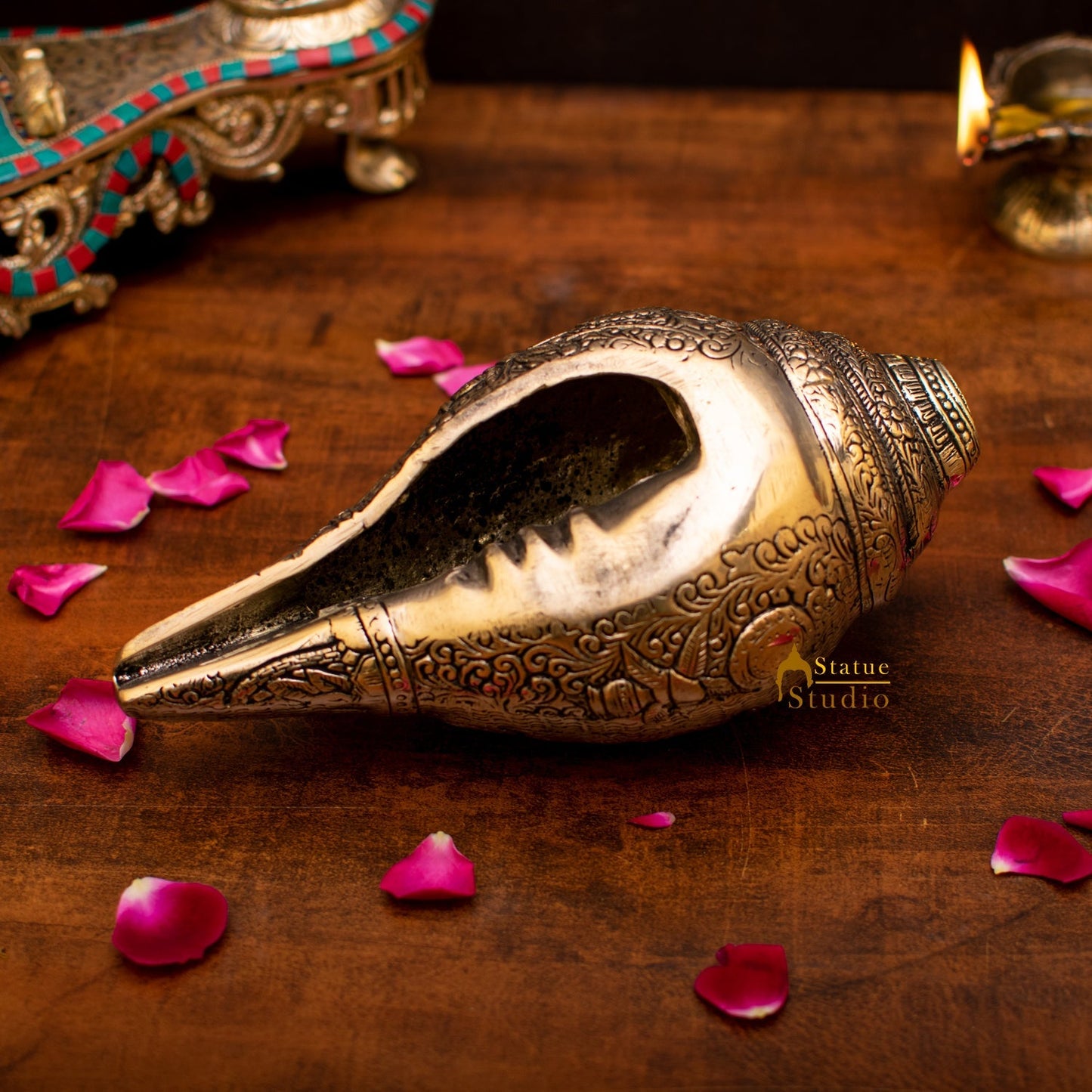 Brass Handcrafted Sculpture Fine Shankh Cooch Vishnu Engraved Showpiece 4"