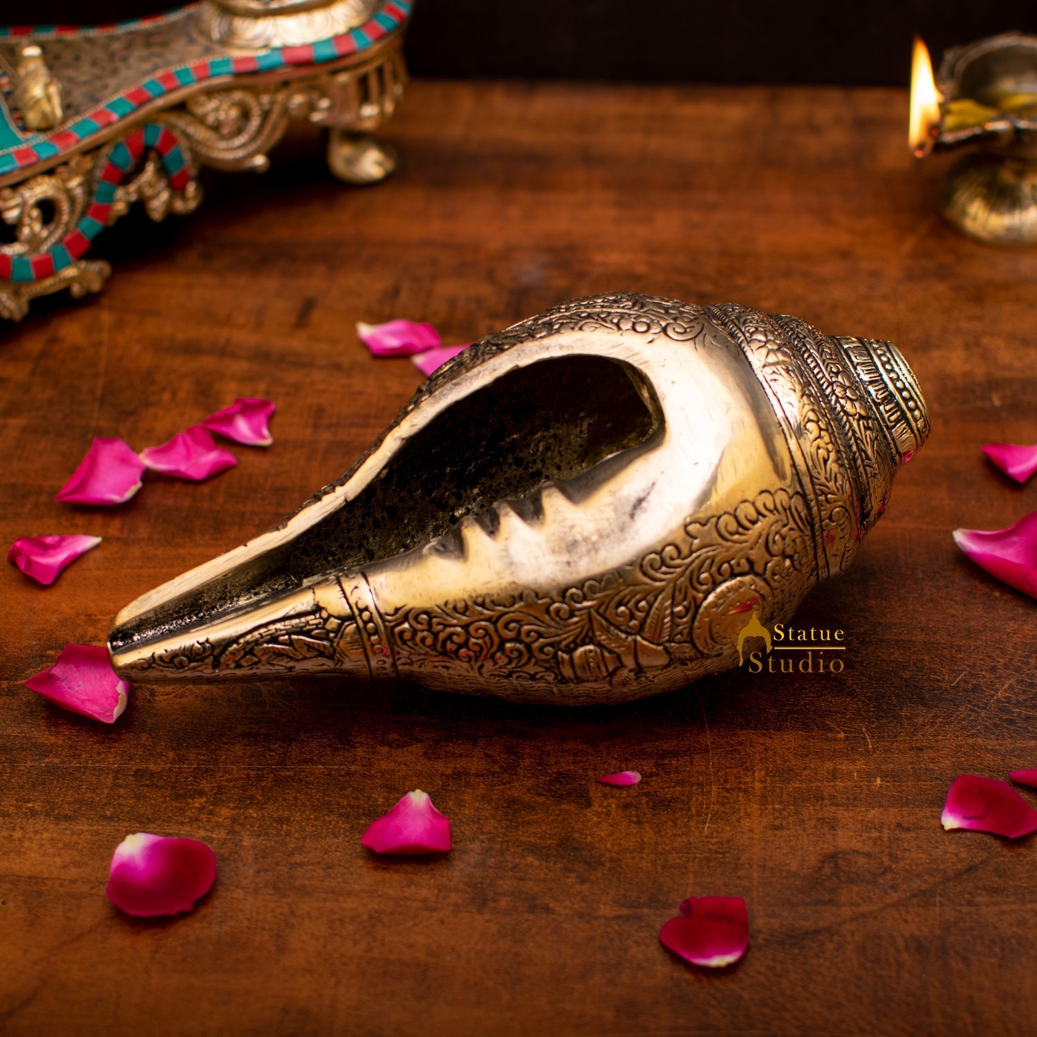 Brass Handcrafted Sculpture Fine Shankh Cooch Vishnu Engraved Showpiece 4" - Image 7