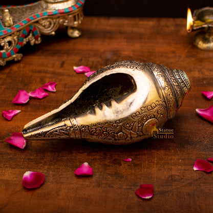 Brass Handcrafted Sculpture Fine Shankh Cooch Vishnu Engraved Showpiece 4" by vendor-unknown - Spiritual (View 7)