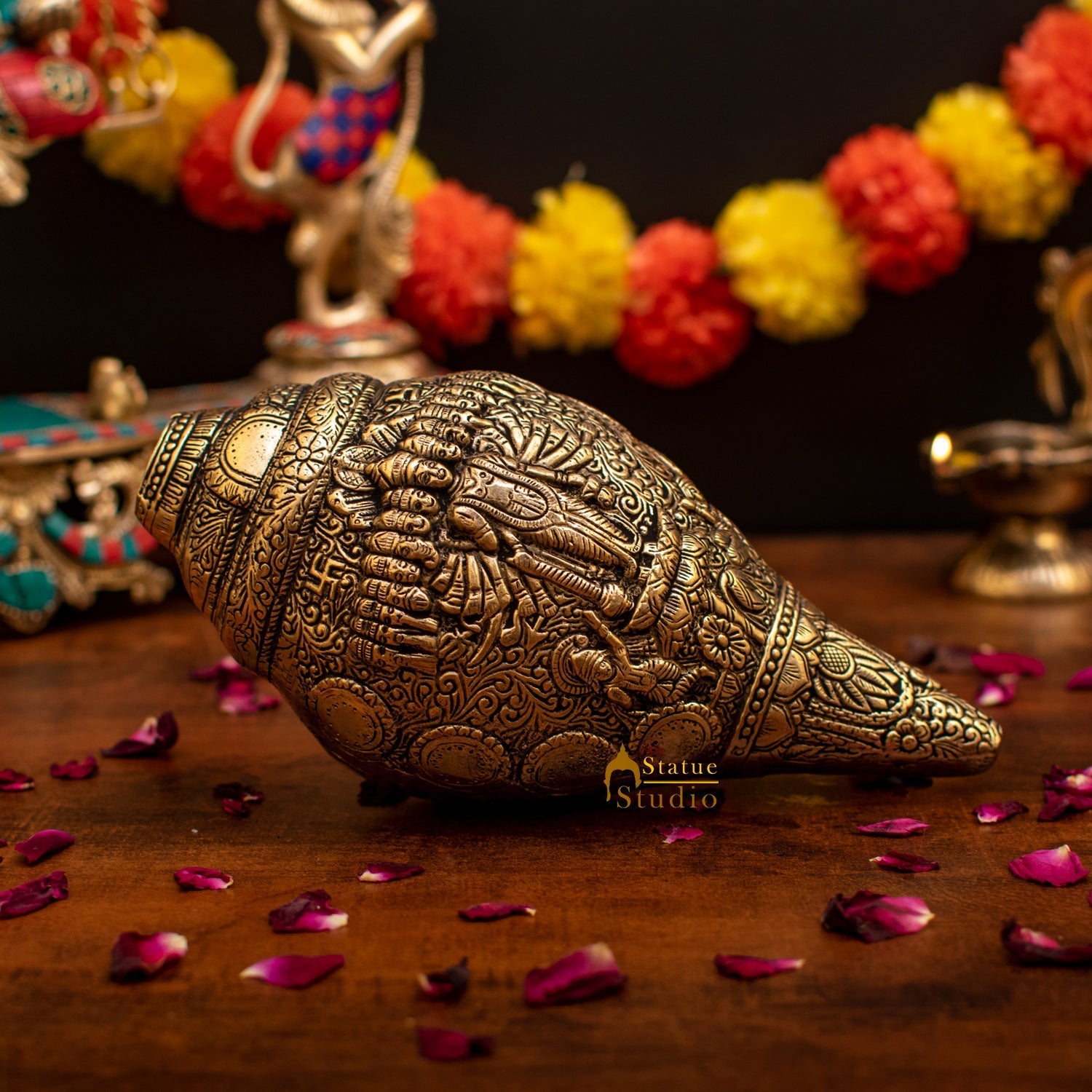 Brass Handcrafted Sculpture Fine Shankh Cooch Vishnu Engraved Showpiece 4" - Eco-friendly - Sama Homes