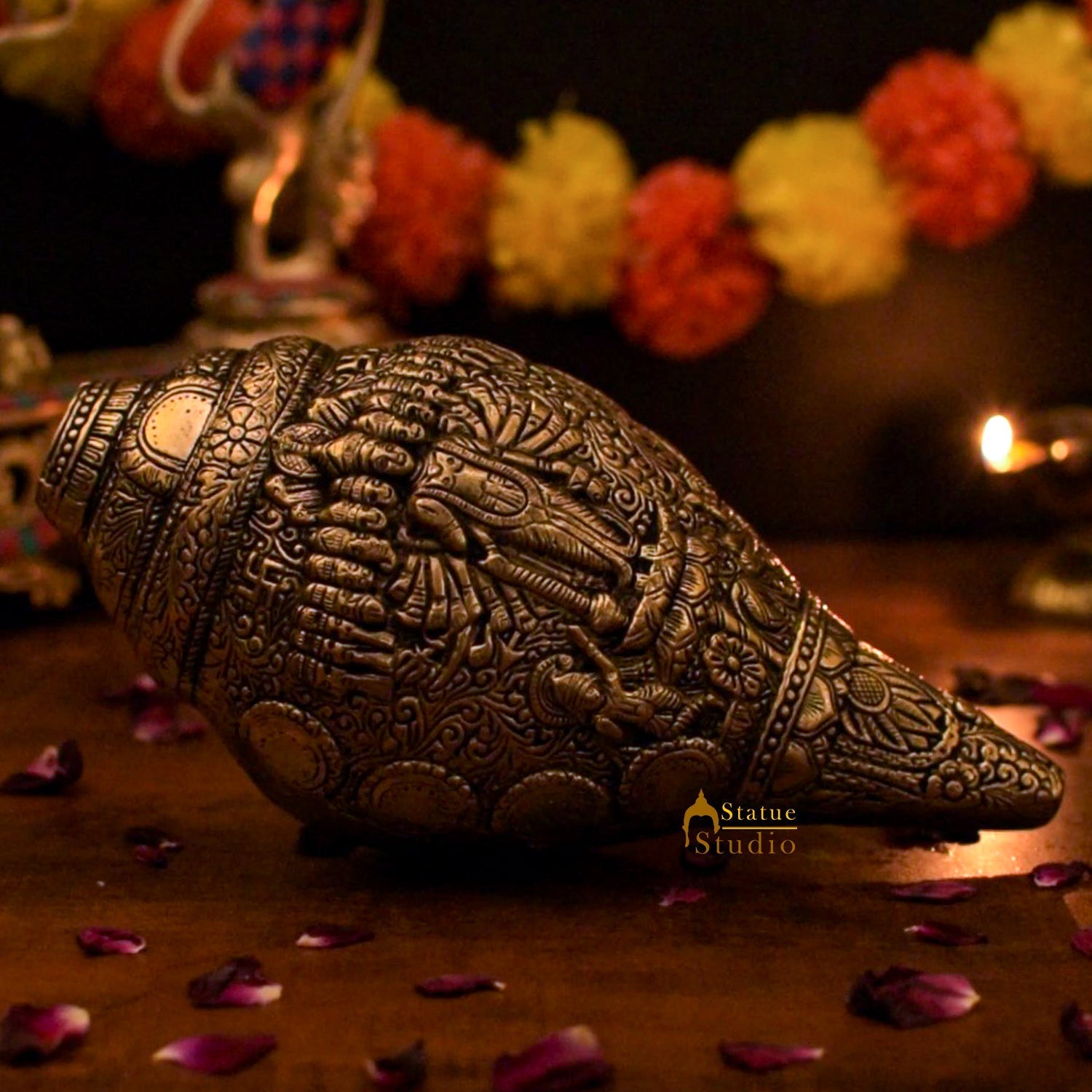 Brass Handcrafted Sculpture Fine Shankh Cooch Vishnu Engraved Showpiece 4" - Image 2