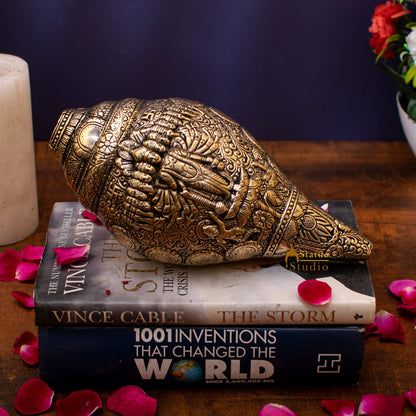 Brass Handcrafted Sculpture Fine Shankh Cooch Vishnu Engraved Showpiece 4" by vendor-unknown - Spiritual (View 3)
