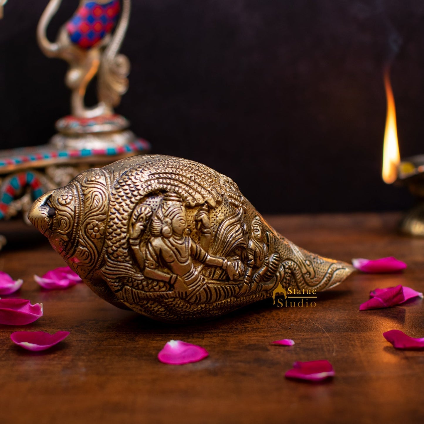 Brass Handcrafted Sculpture Fine Shankh Cooch Vishnu Lakshmi Engraved Showpiece 3"