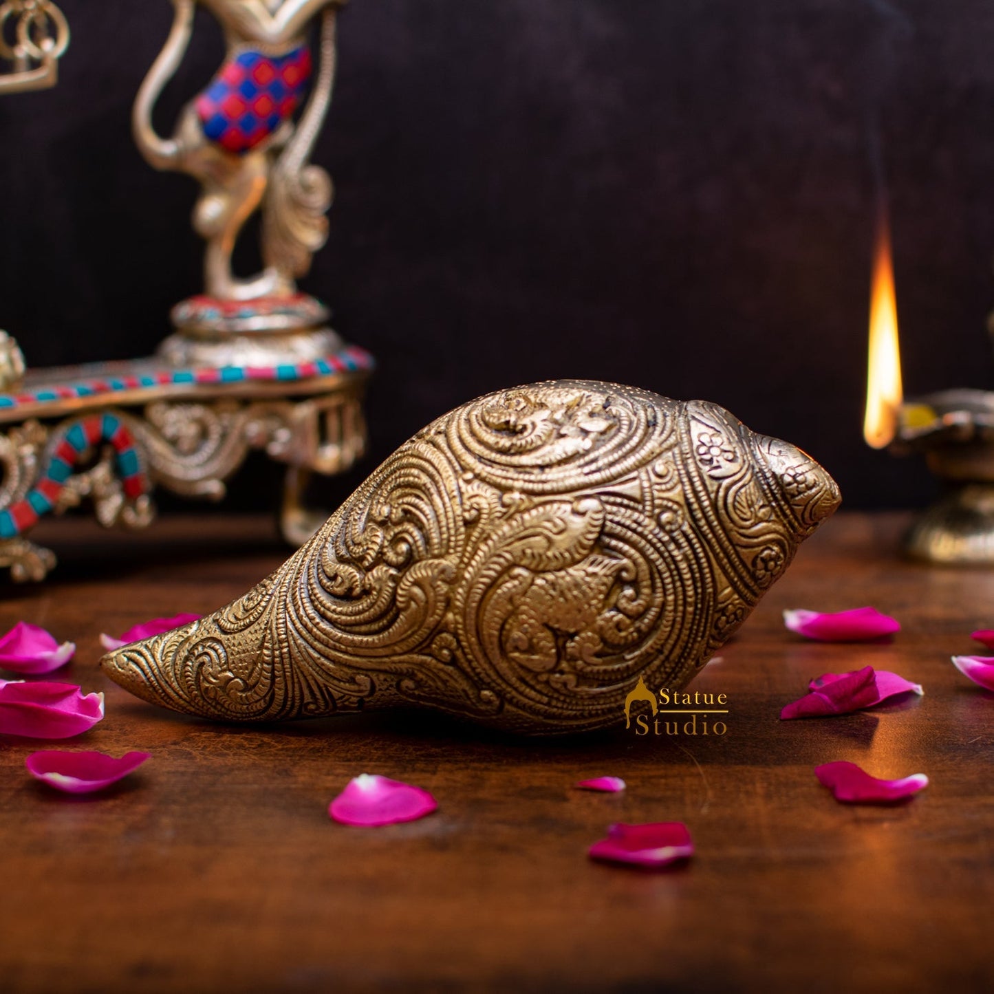 Brass Handcrafted Sculpture Fine Shankh Cooch Vishnu Lakshmi Engraved Showpiece 3"