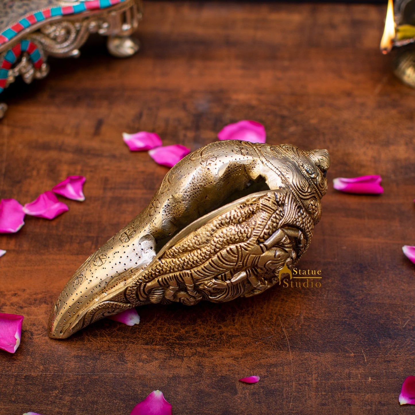 Brass Handcrafted Sculpture Fine Shankh Cooch Vishnu Lakshmi Engraved Showpiece 3"