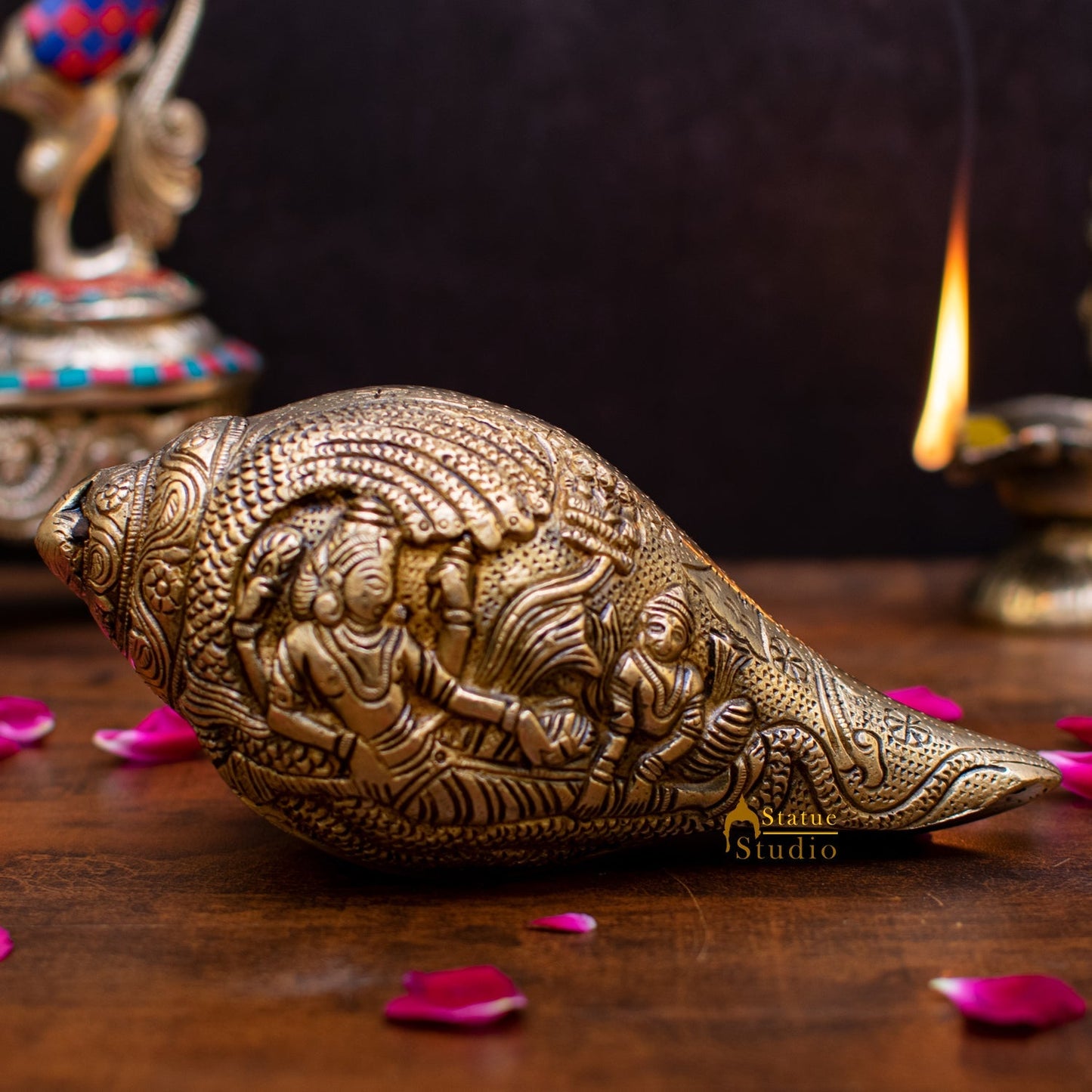 Brass Handcrafted Sculpture Fine Shankh Cooch Vishnu Lakshmi Engraved Showpiece 3"