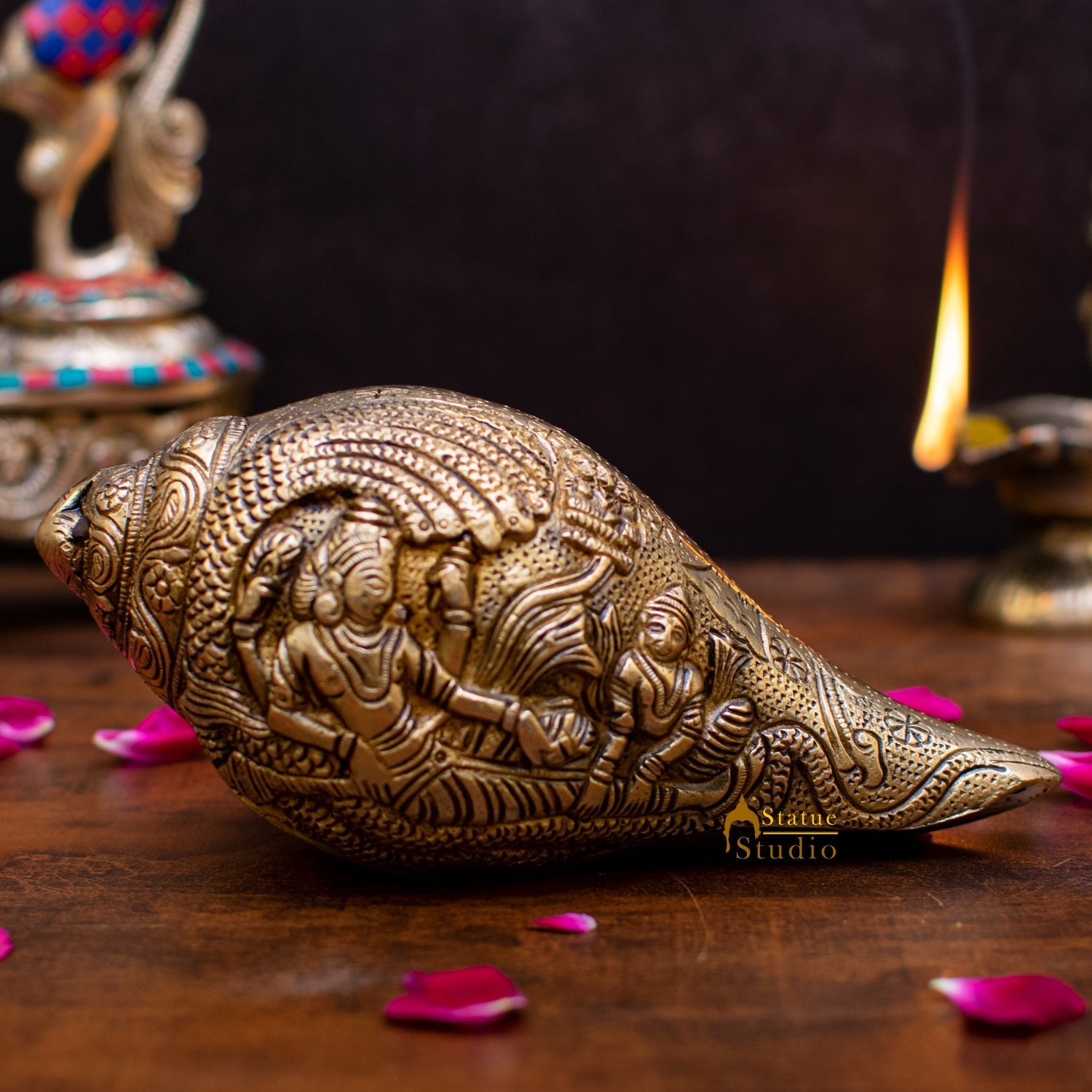 Brass Handcrafted Sculpture Fine Shankh Cooch Vishnu Lakshmi Engraved Showpiece 3" - Eco-friendly - Sama Homes