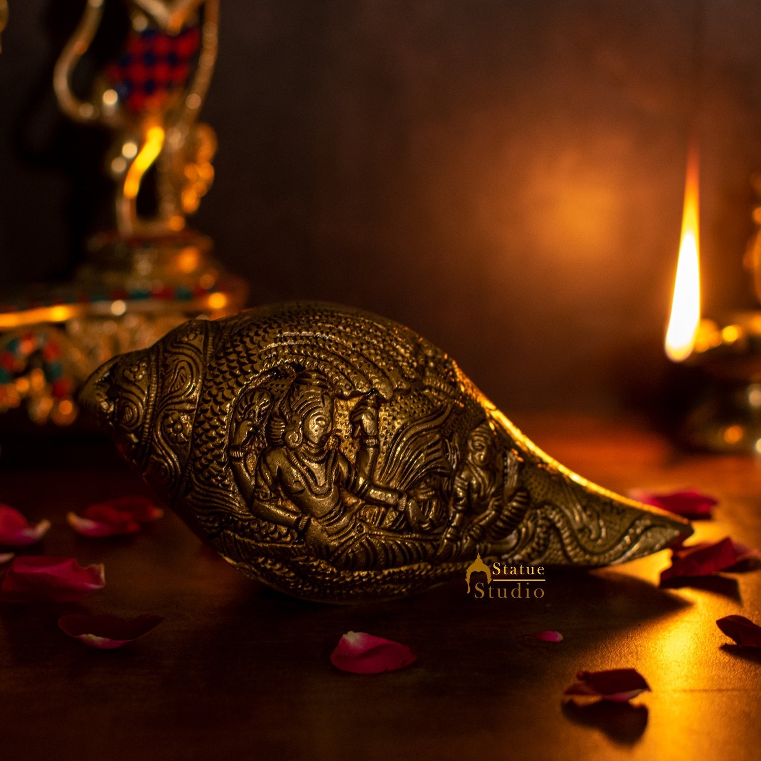 Brass Handcrafted Sculpture Fine Shankh Cooch Vishnu Lakshmi Engraved Showpiece 3" - Image 2