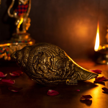 Brass Handcrafted Sculpture Fine Shankh Cooch Vishnu Lakshmi Engraved Showpiece 3" by vendor-unknown - Spiritual (View 2)