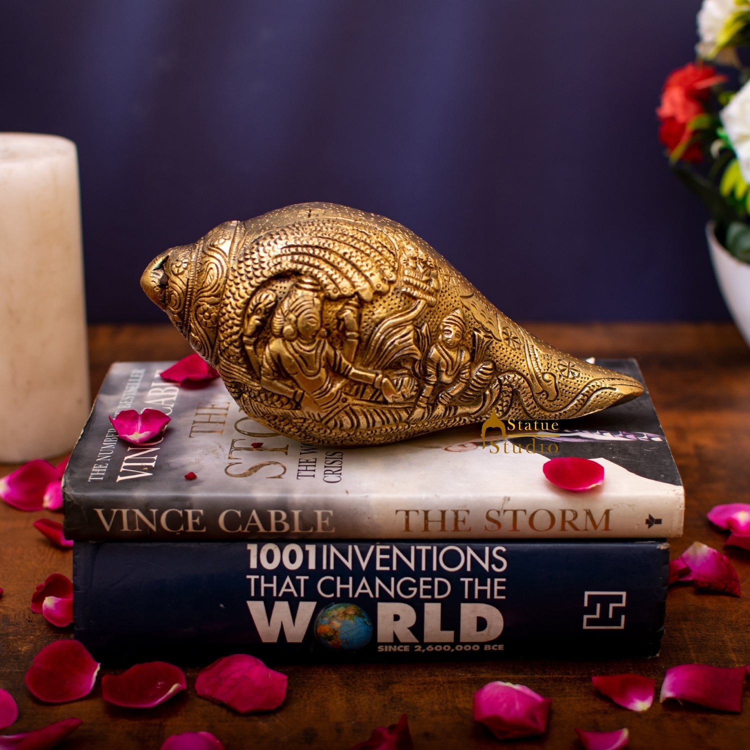 Brass Handcrafted Sculpture Fine Shankh Cooch Vishnu Lakshmi Engraved Showpiece 3" - Image 3