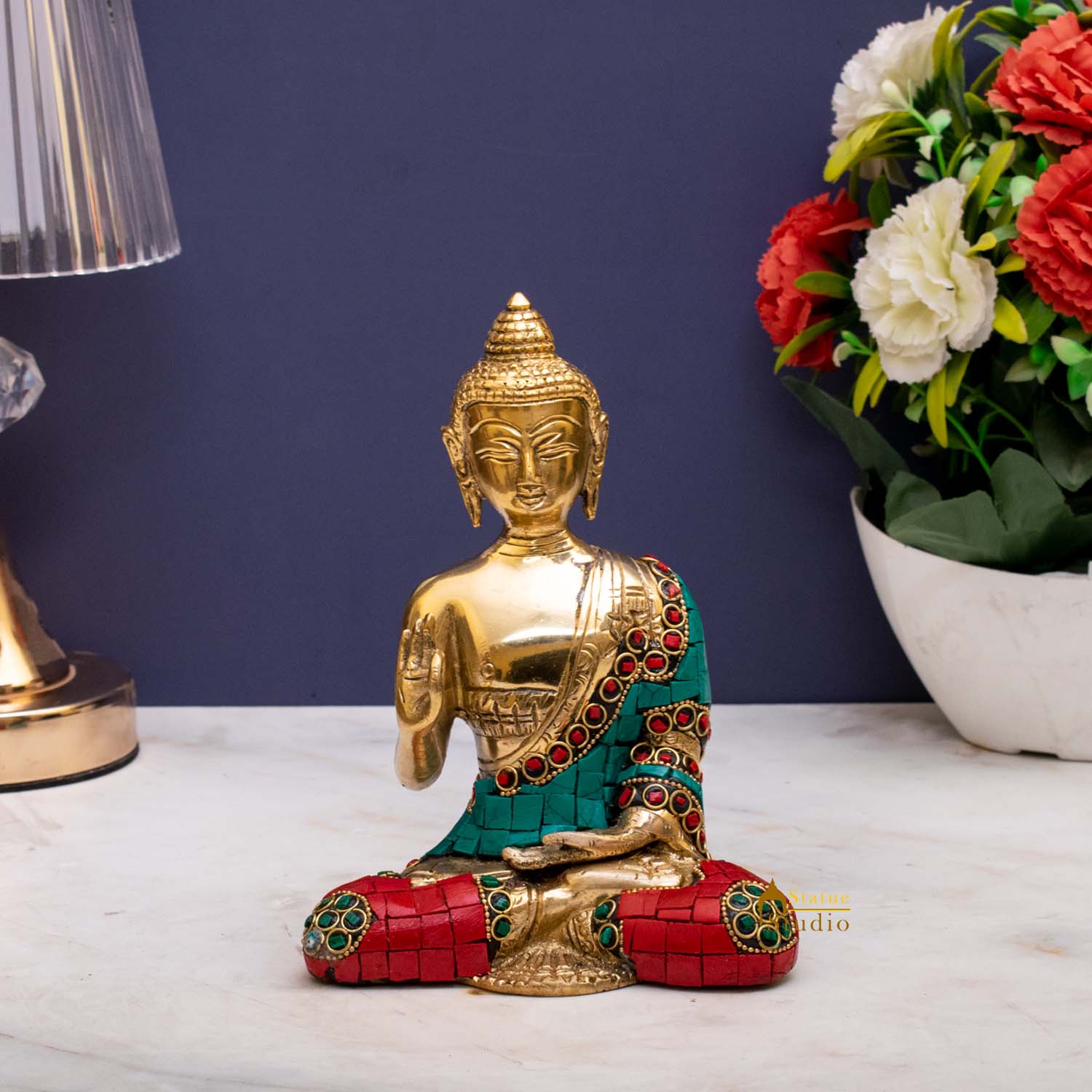 Brass Blessing Buddha Statue Stone Work Showpiece For Home Decor 6 Inch - Eco-friendly - Sama Homes