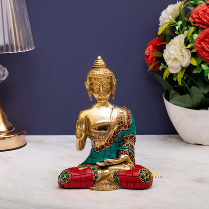 Brass Blessing Buddha Statue Stone Work Showpiece For Home Decor 6 Inch by vendor-unknown - Buddha