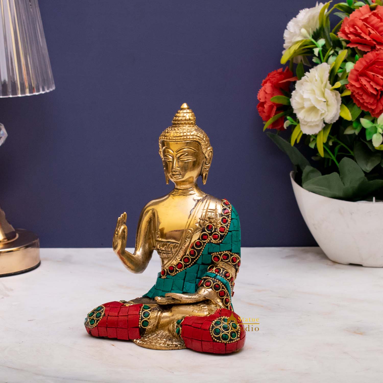 Brass Blessing Buddha Statue Stone Work Showpiece For Home Decor 6 Inch - Image 2