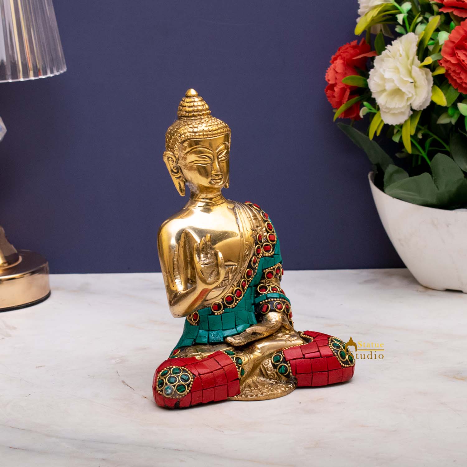 Brass Blessing Buddha Statue Stone Work Showpiece For Home Decor 6 Inch - Image 3