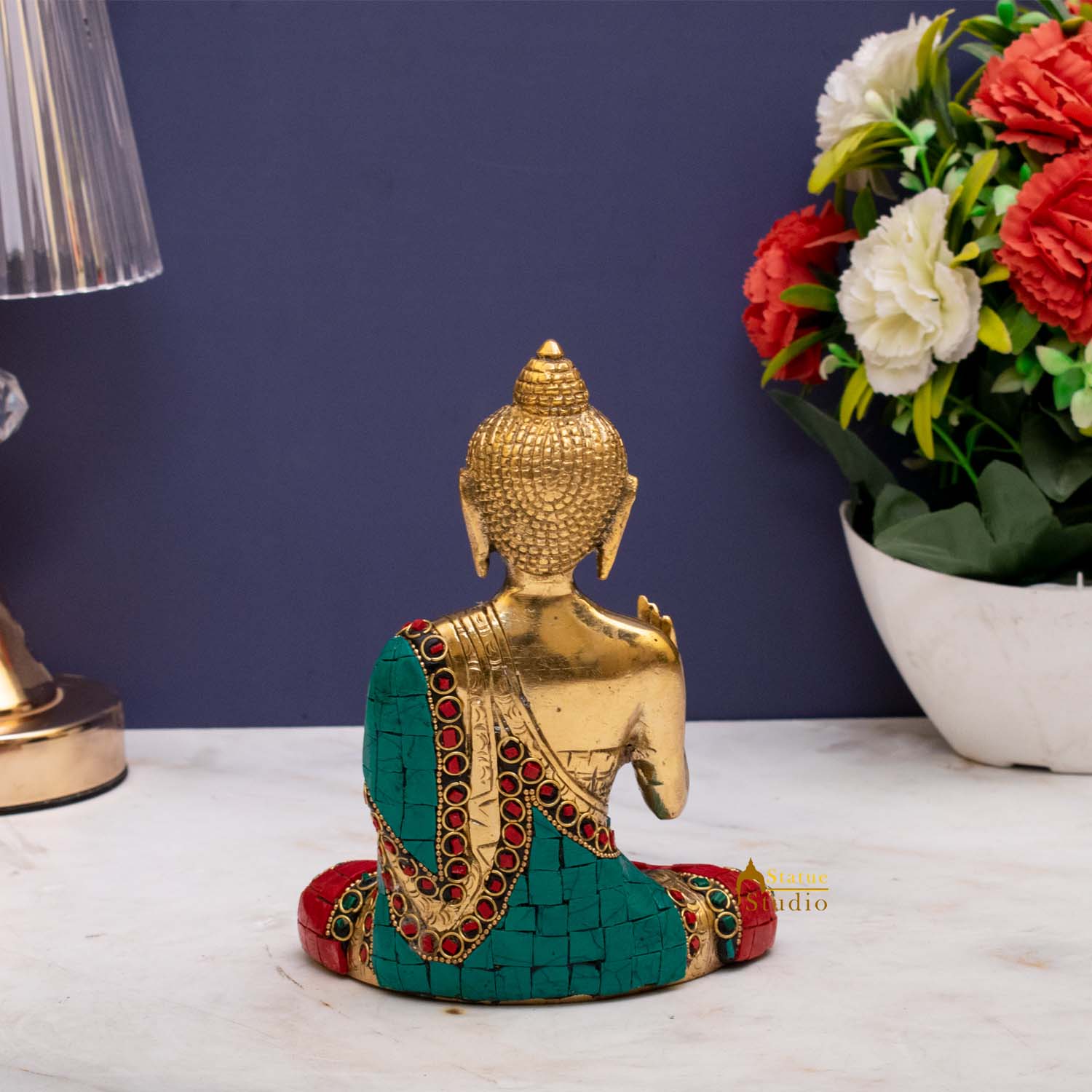 Brass Blessing Buddha Statue Stone Work Showpiece For Home Decor 6 Inch - Image 4