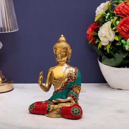 Brass Blessing Buddha Statue Stone Work Showpiece For Home Decor 6 Inch by vendor-unknown - Buddha (View 5)