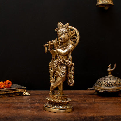 Brass Krishna Statue with Flute 10" by StatueStudio by vendor-unknown - Hindu Gods (View 3)