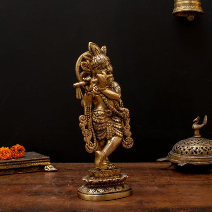 Brass Krishna Statue with Flute 10" by StatueStudio by vendor-unknown - Hindu Gods (View 4)