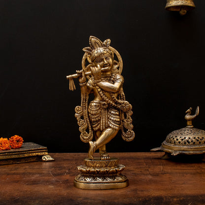 Brass Krishna Statue with Flute 10" by StatueStudio by vendor-unknown - Hindu Gods