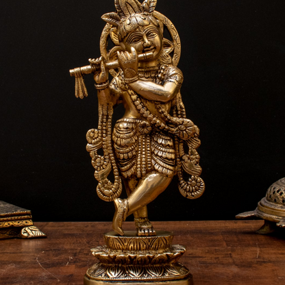 Brass Krishna Statue with Flute 10" by StatueStudio by vendor-unknown - Hindu Gods (View 2)