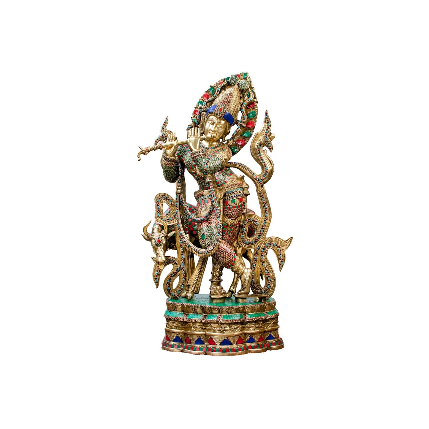 Brass Krishna Statue with Cow on Base 3 Feet by StatueStudio